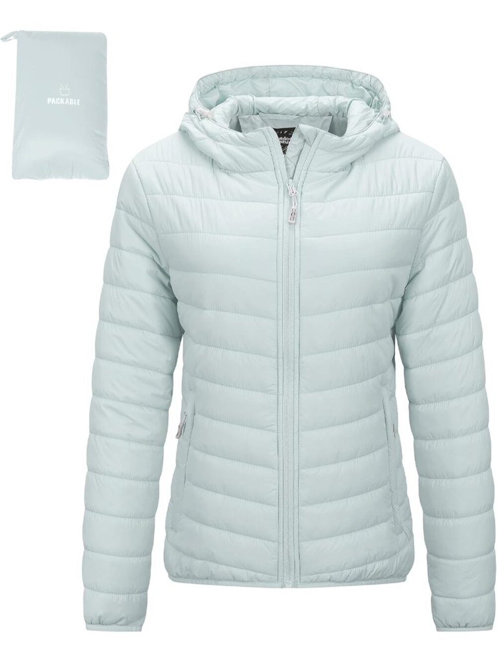 Women's Pale Green Solid Packable Hooded Full-Zip Winter Quilted Puffer Jacket
